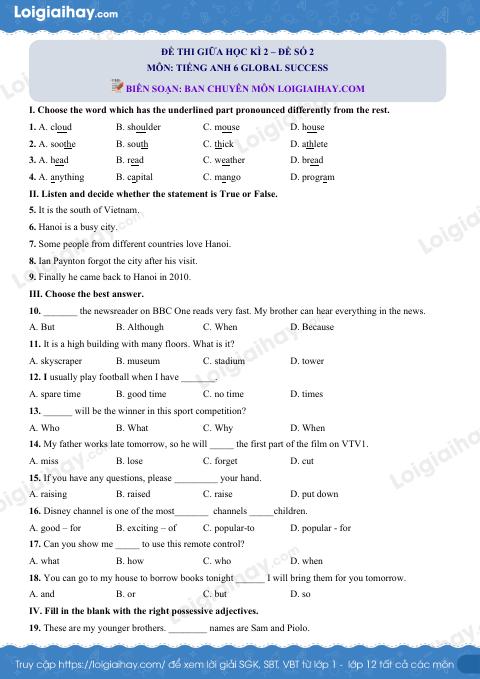 Đề thi giữa kì 2 Tiếng Anh 6 Global Success - Đề số 2